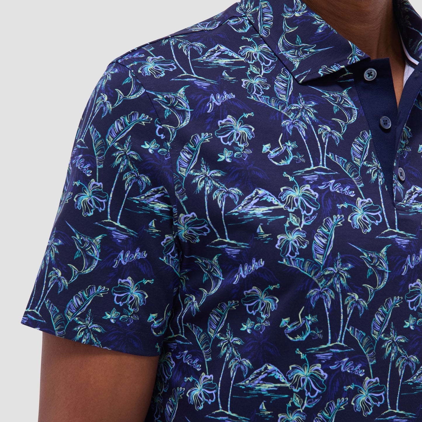 Bugatchi Hendrix Hawaiian Print Polo Shirt Navy
