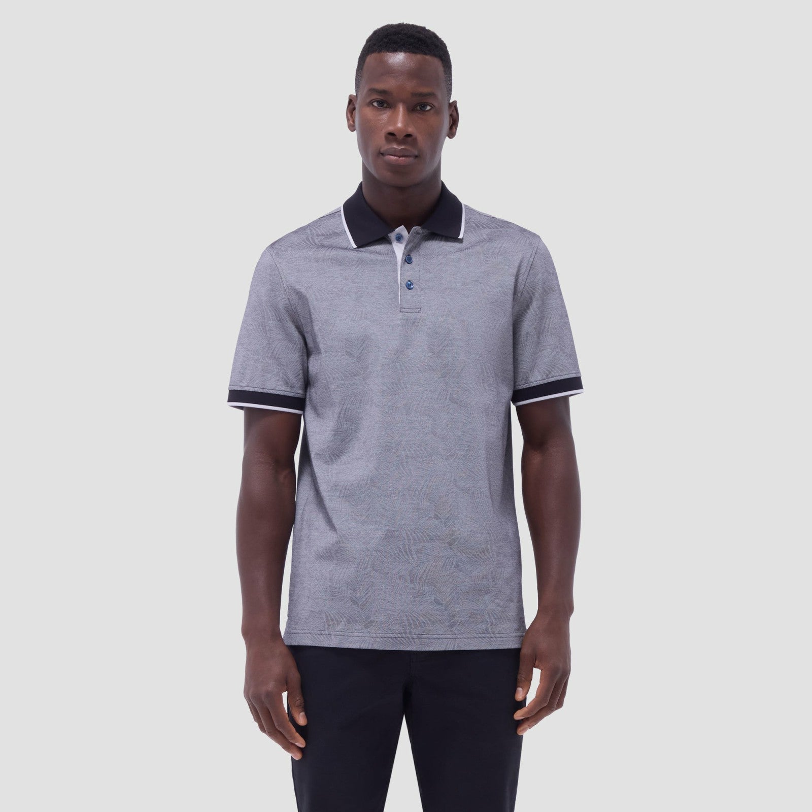 Bugatchi Leaf Print Bird's Eye Polo Shirt Black