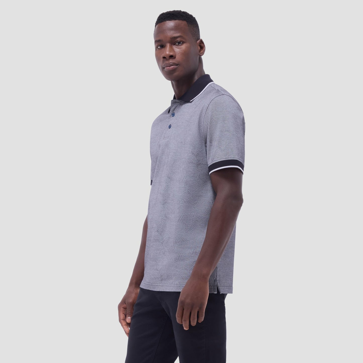 Bugatchi Leaf Print Bird's Eye Polo Shirt Black