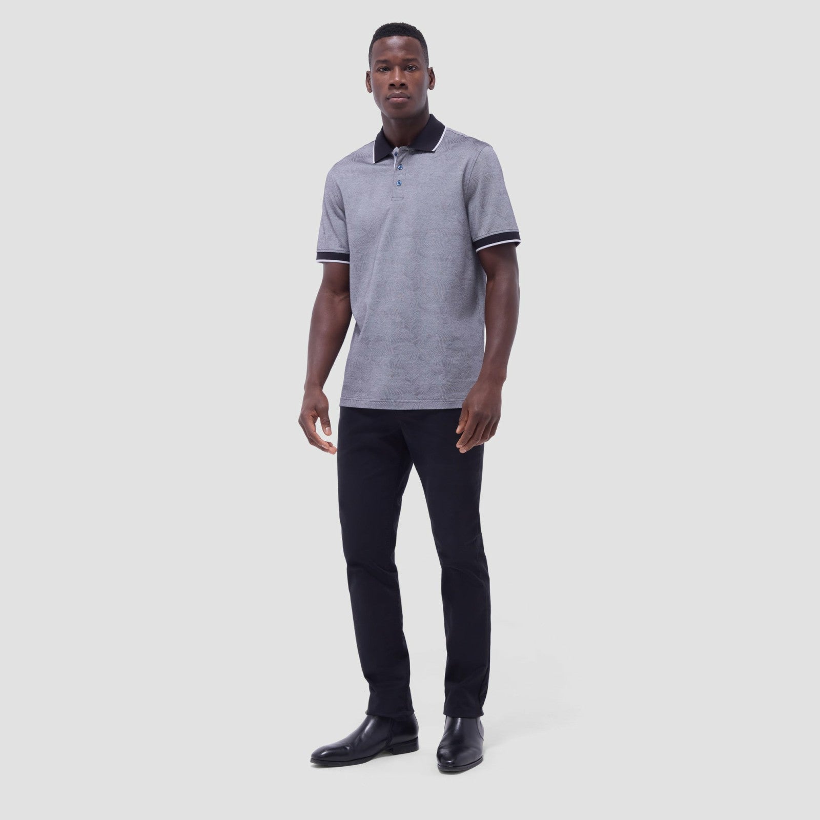 Bugatchi Leaf Print Bird's Eye Polo Shirt Black