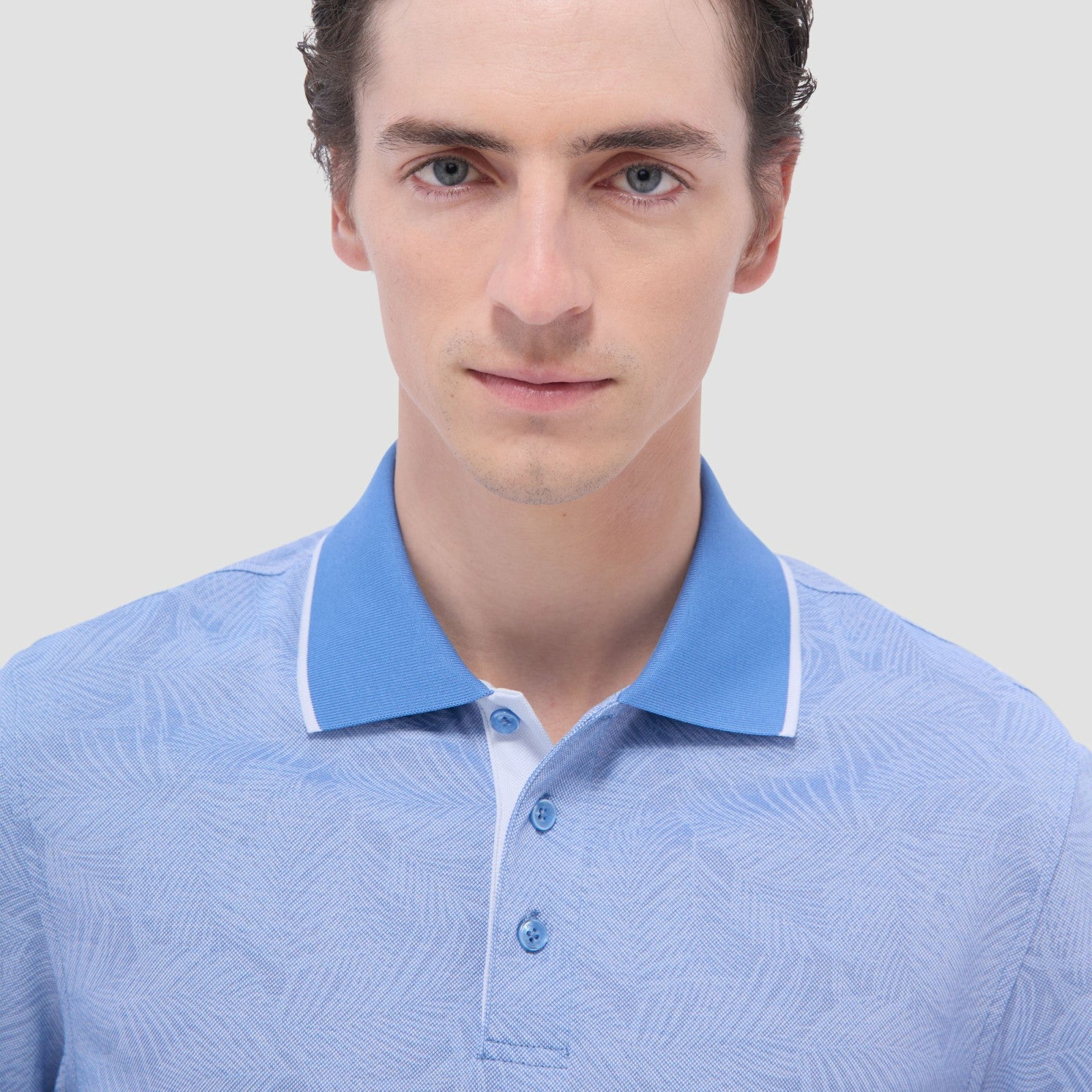 Bugatchi Leaf Print Bird's Eye Polo Shirt Classic Blue