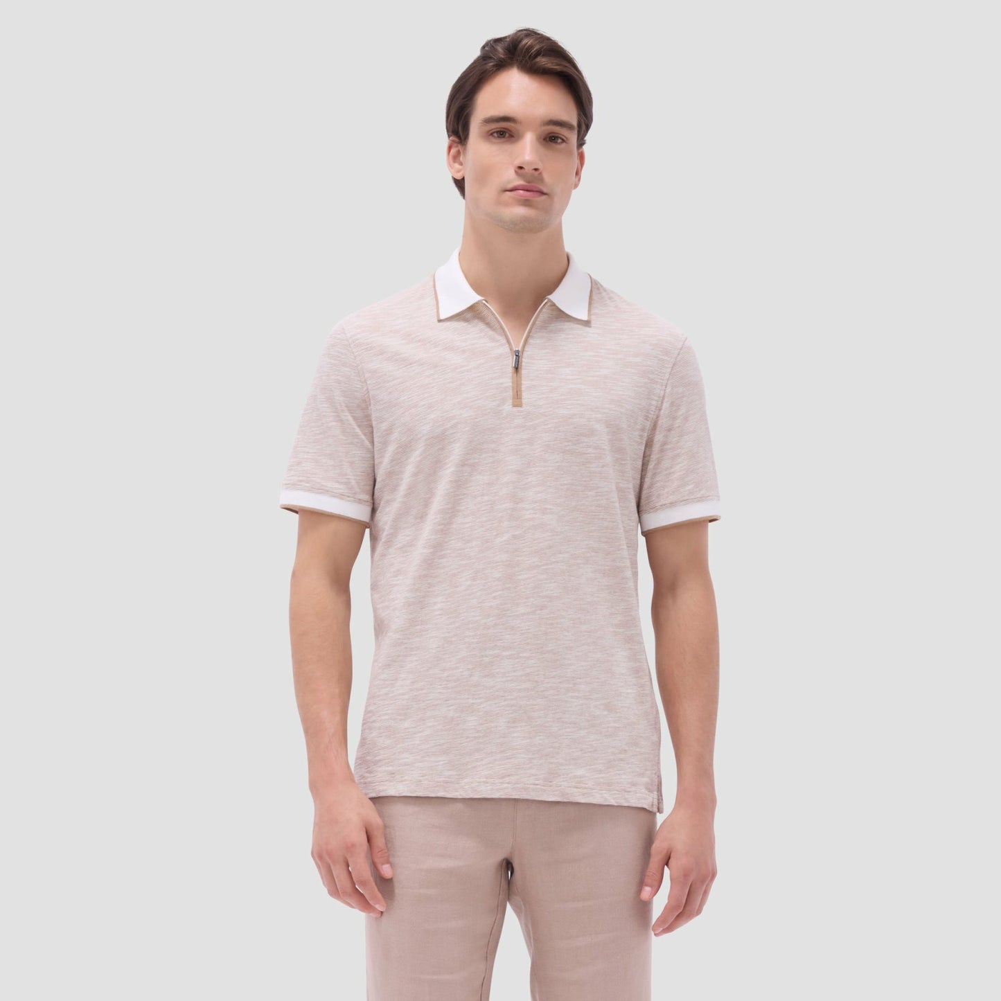Bugatchi Textured Quarter-Zip Polo Shirt Camel