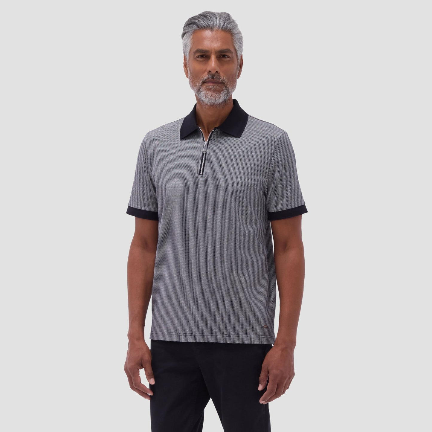 Bugatchi Micro Check Quarter-Zip Polo Shirt Black