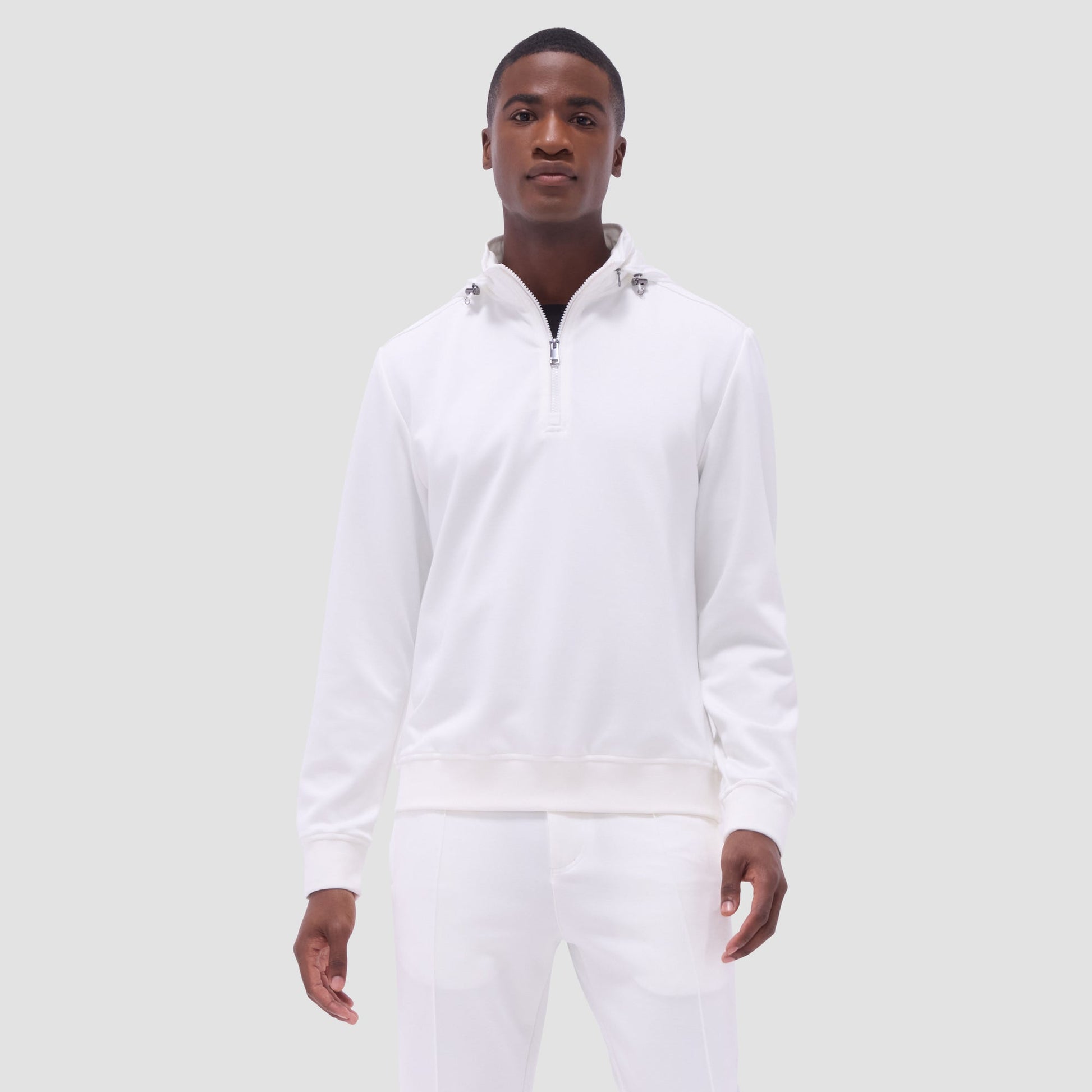 Bugatchi Soft Touch™ Solid Quarter-Zip Pullover With Hood Chalk