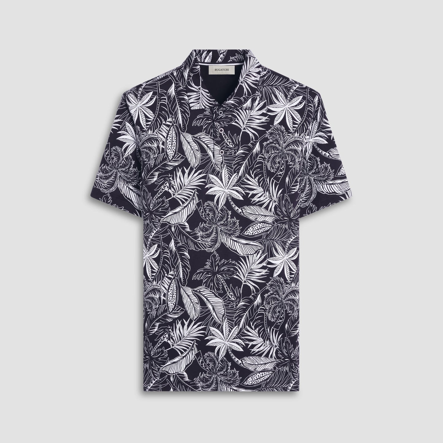 Bugatchi Hendrix Tropical Leaf Print Polo Shirt Black