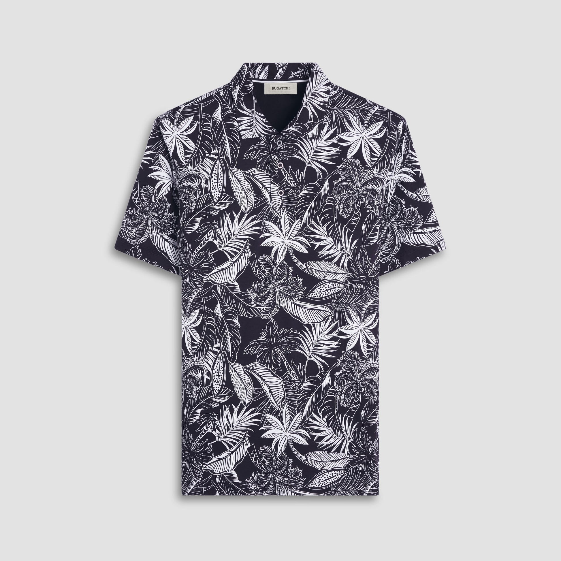 Bugatchi Hendrix Tropical Leaf Print Polo Shirt Black