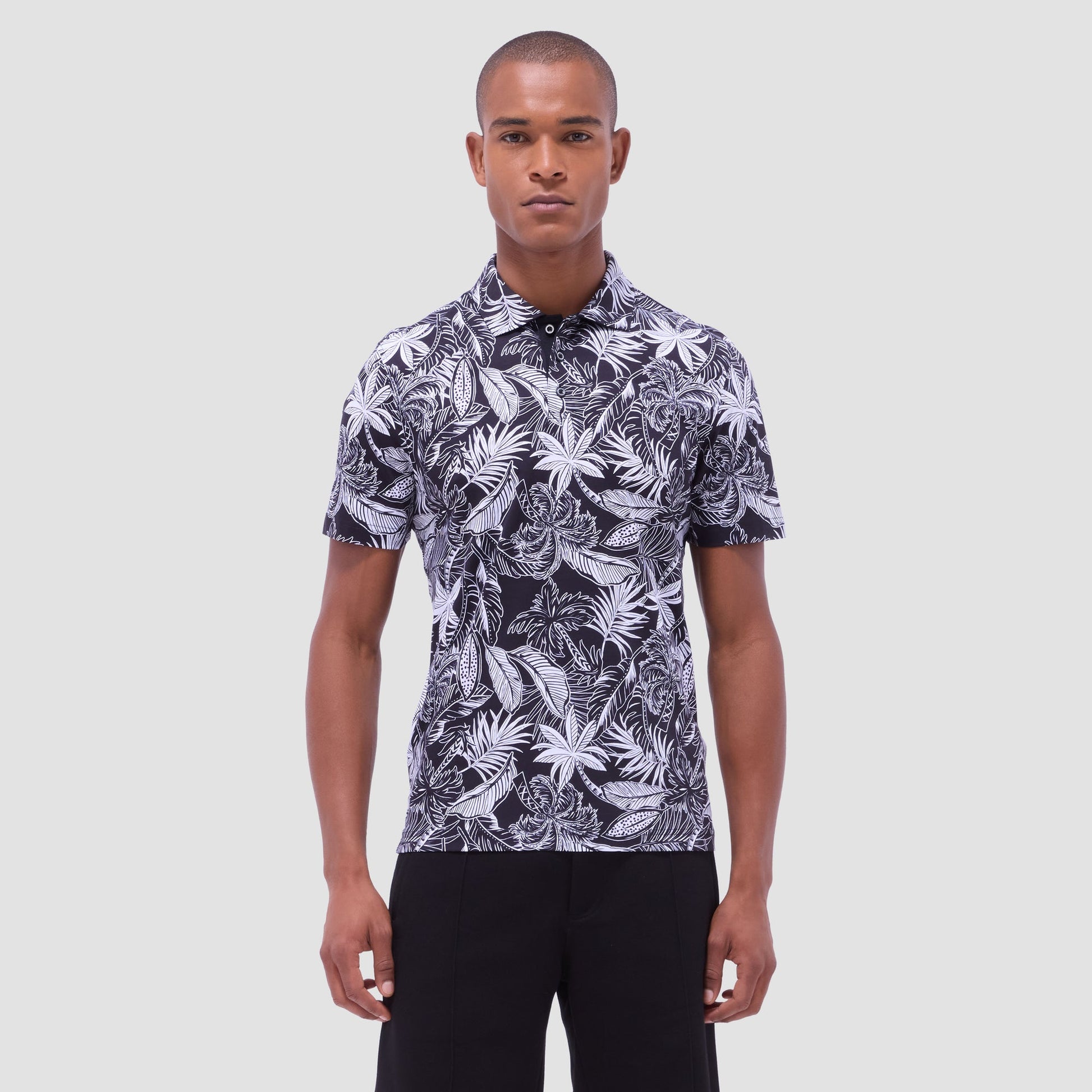 Bugatchi Hendrix Tropical Leaf Print Polo Shirt Black