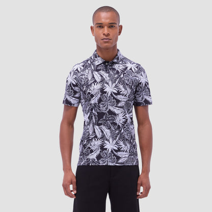 Bugatchi Hendrix Tropical Leaf Print Polo Shirt Black