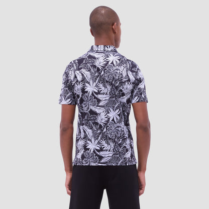 Bugatchi Hendrix Tropical Leaf Print Polo Shirt Black