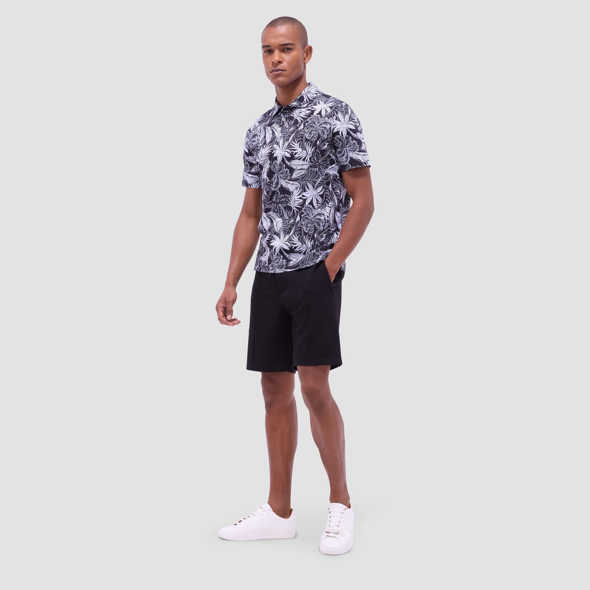 Bugatchi Hendrix Tropical Leaf Print Polo Shirt Black