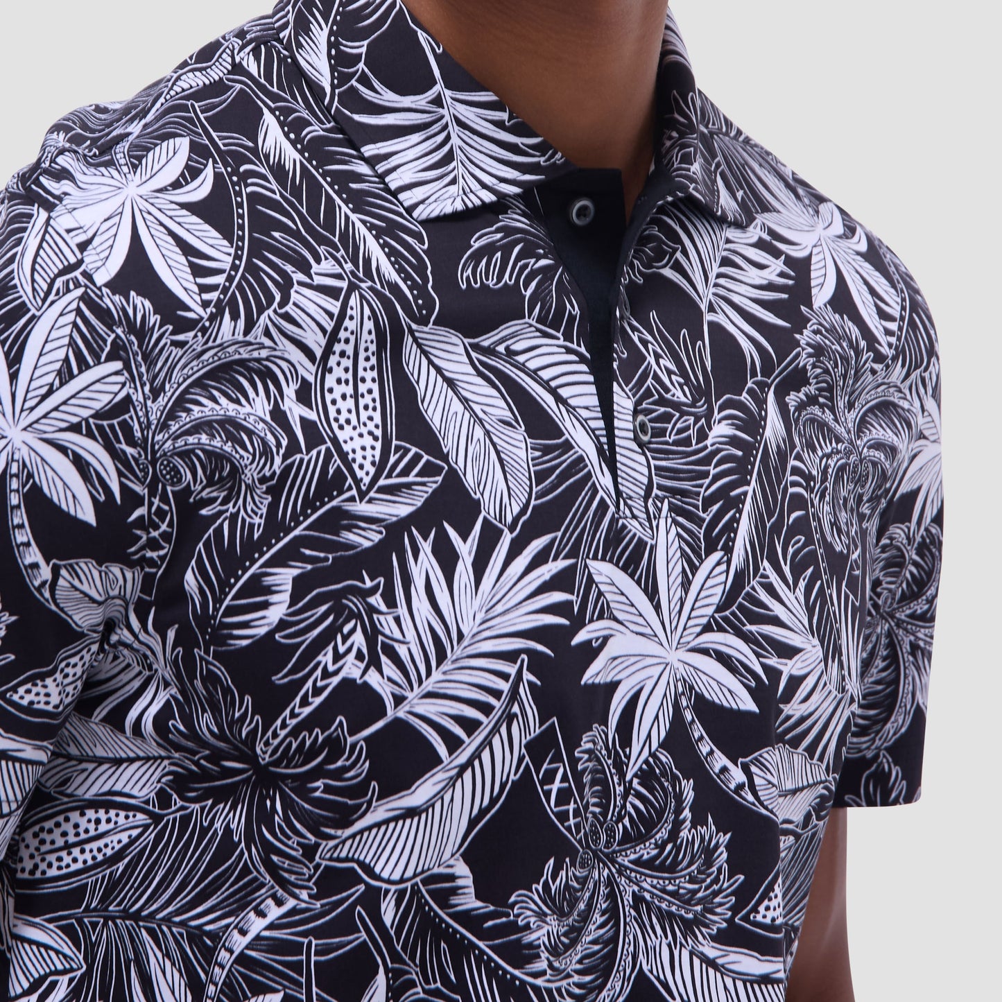 Bugatchi Hendrix Tropical Leaf Print Polo Shirt Black