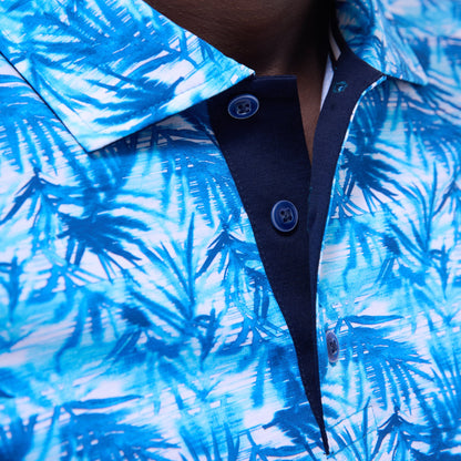 Bugatchi Hendrix Leaf Print Polo Shirt Aqua