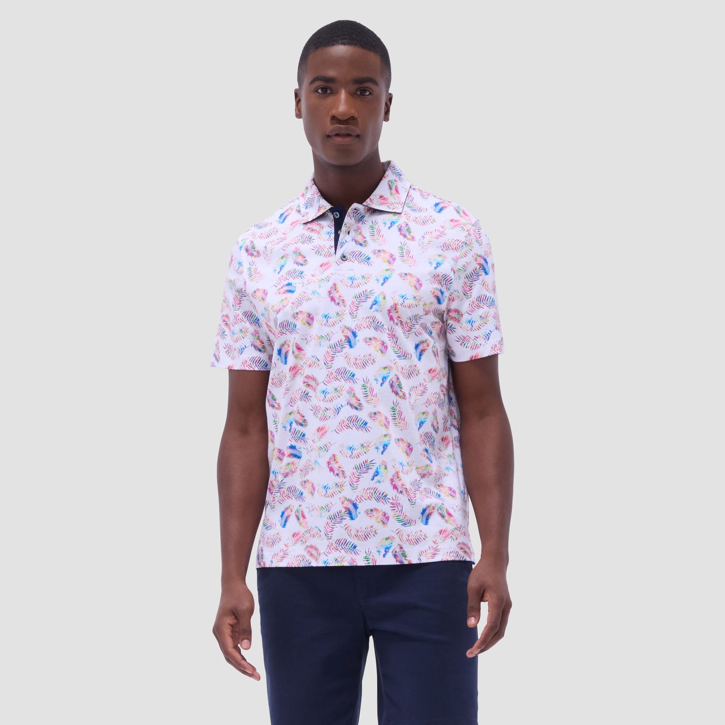 Bugatchi Hendrix Feather Leaf Print Polo Shirt White