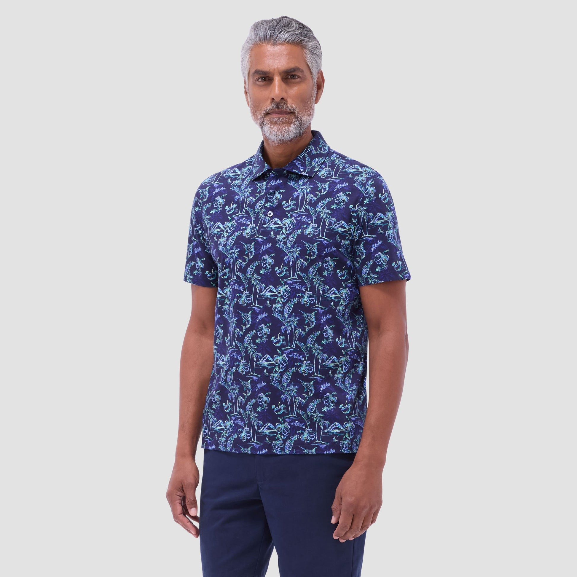 Bugatchi Hendrix Hawaiian Print Polo Shirt Navy