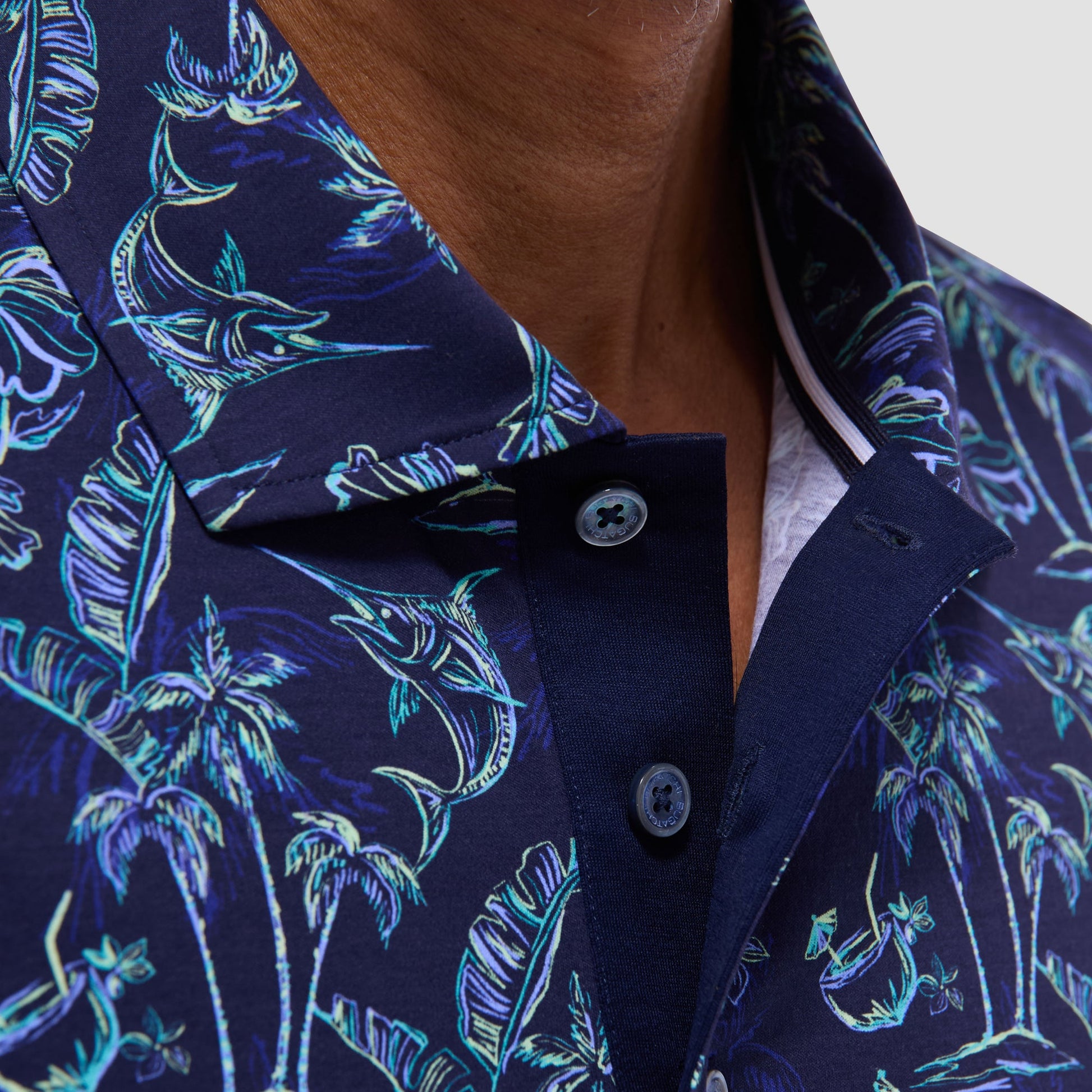 Bugatchi Hendrix Hawaiian Print Polo Shirt Navy