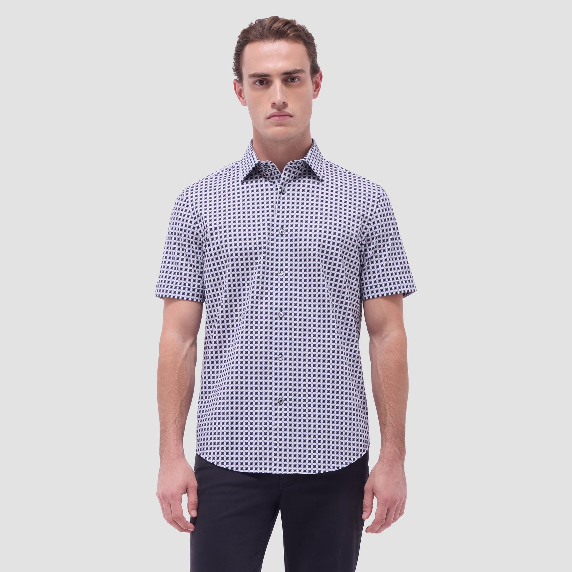 Bugatchi Miles Geometric OoohCotton® Short-Sleeve Shirt Zinc