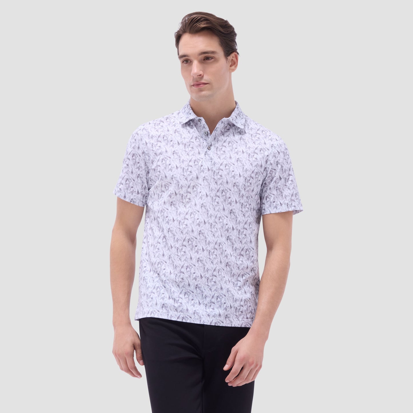 Bugatchi Victor Leaf Print OoohCotton® Polo Shirt Platinum