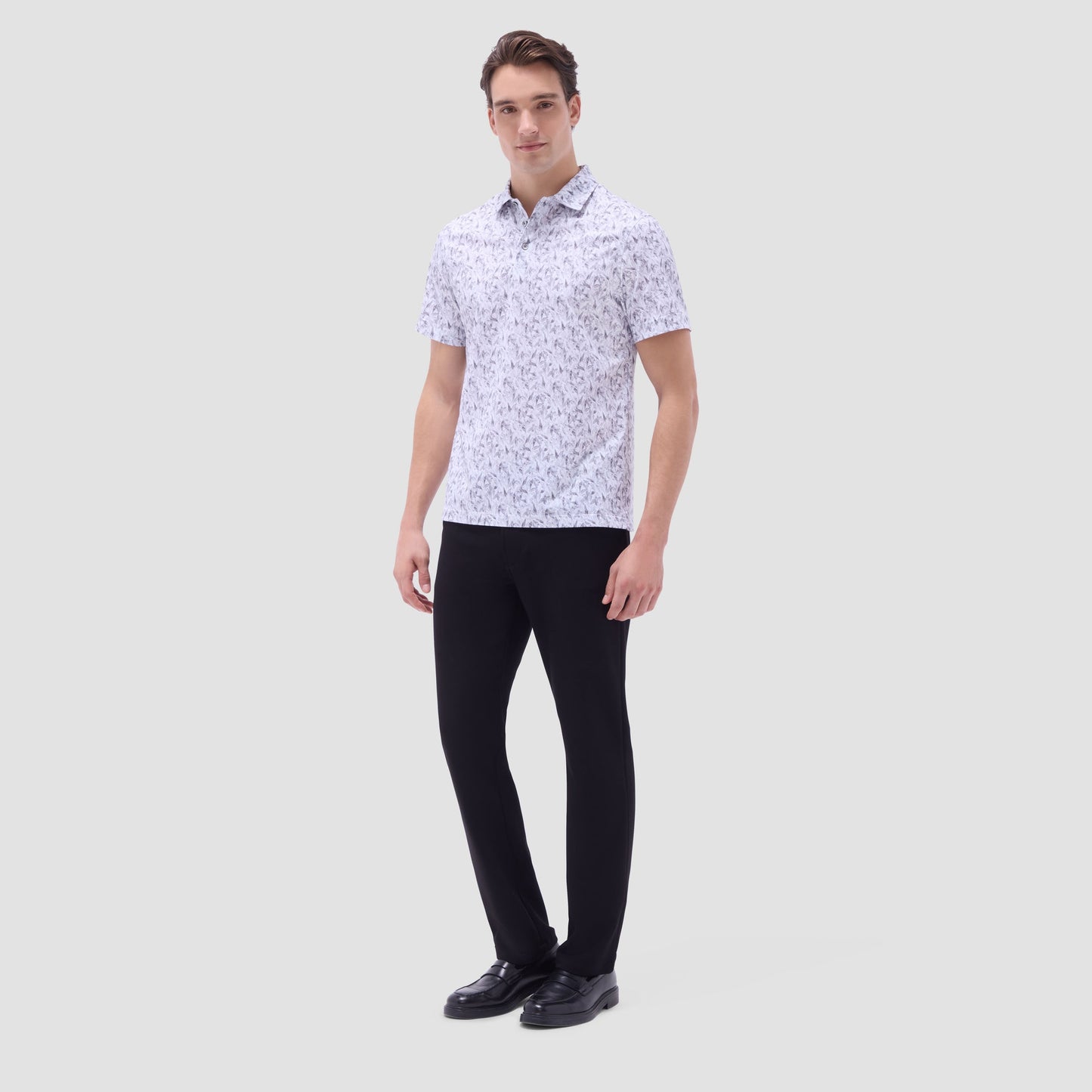 Bugatchi Victor Leaf Print OoohCotton® Polo Shirt Platinum