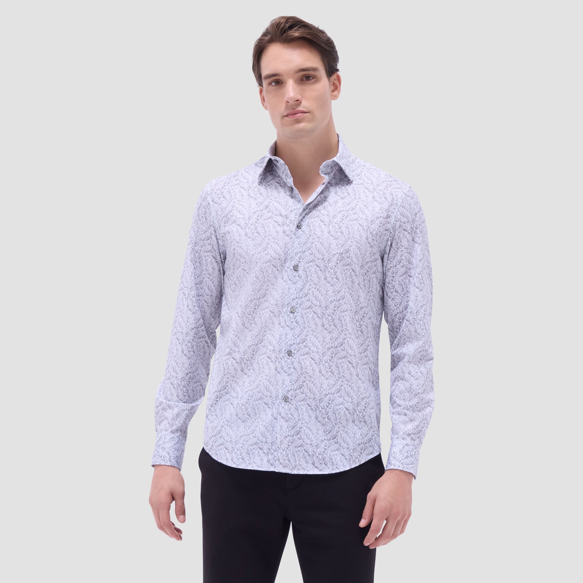 Bugatchi James Leaf Print OoohCotton® Shirt Zinc