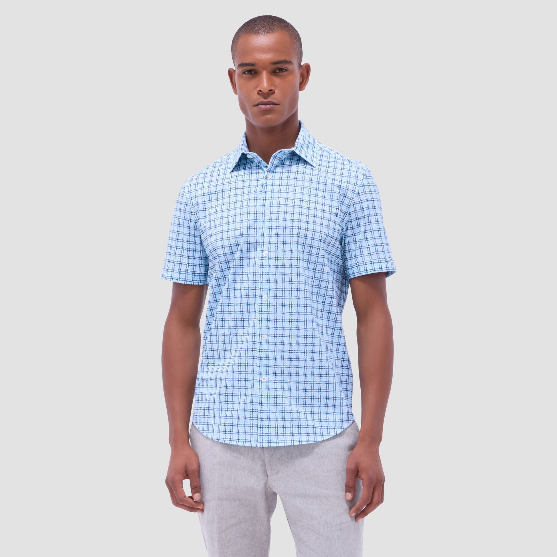 Bugatchi Miles Windowpane OoohCotton® Short-Sleeve Shirt Ice