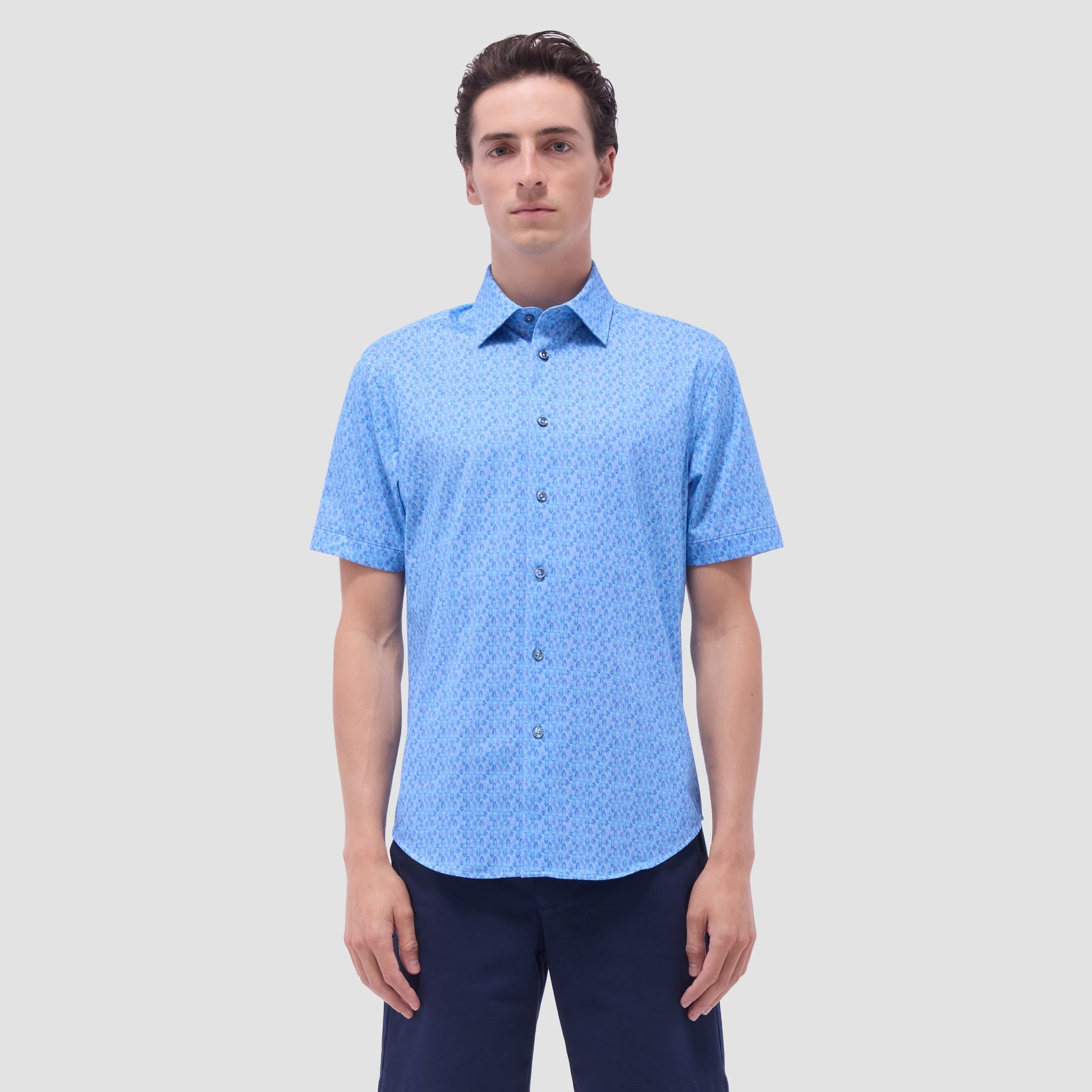 Bugatchi Miles Feather Print OoohCotton® Short-Sleeve Shirt Turquoise