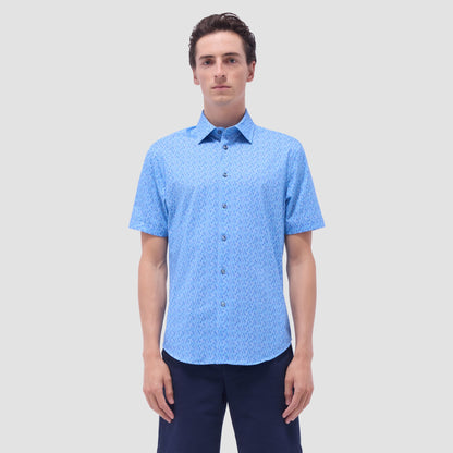 Bugatchi Miles Feather Print OoohCotton® Short-Sleeve Shirt Turquoise