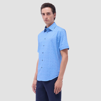 Bugatchi Miles Feather Print OoohCotton® Short-Sleeve Shirt Turquoise