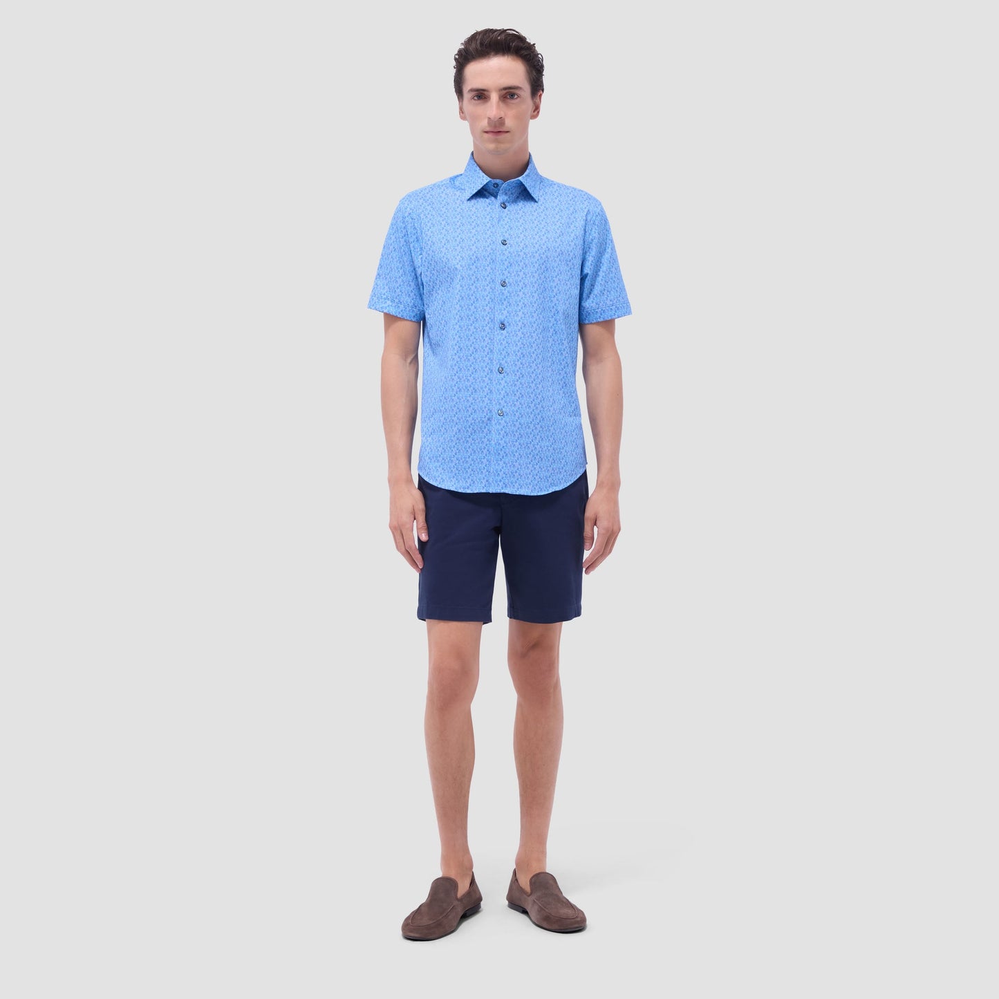 Bugatchi Miles Feather Print OoohCotton® Short-Sleeve Shirt Turquoise