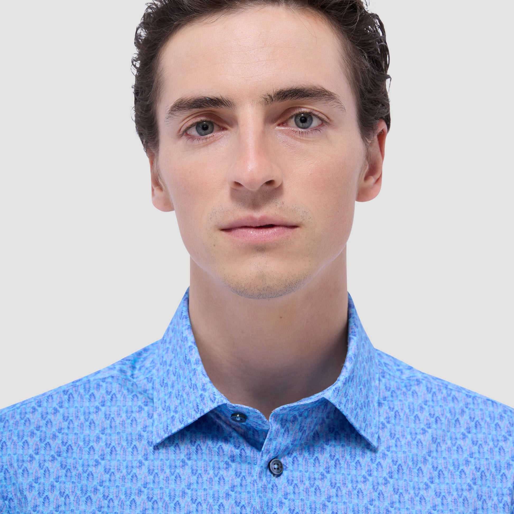 Bugatchi Miles Feather Print OoohCotton® Short-Sleeve Shirt Turquoise