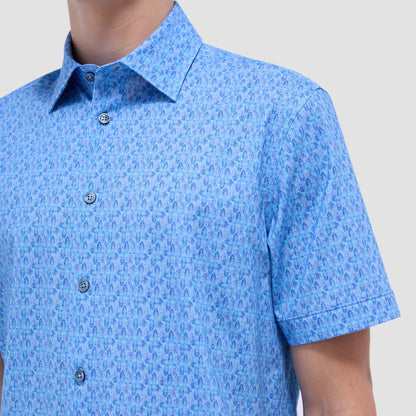 Bugatchi Miles Feather Print OoohCotton® Short-Sleeve Shirt Turquoise