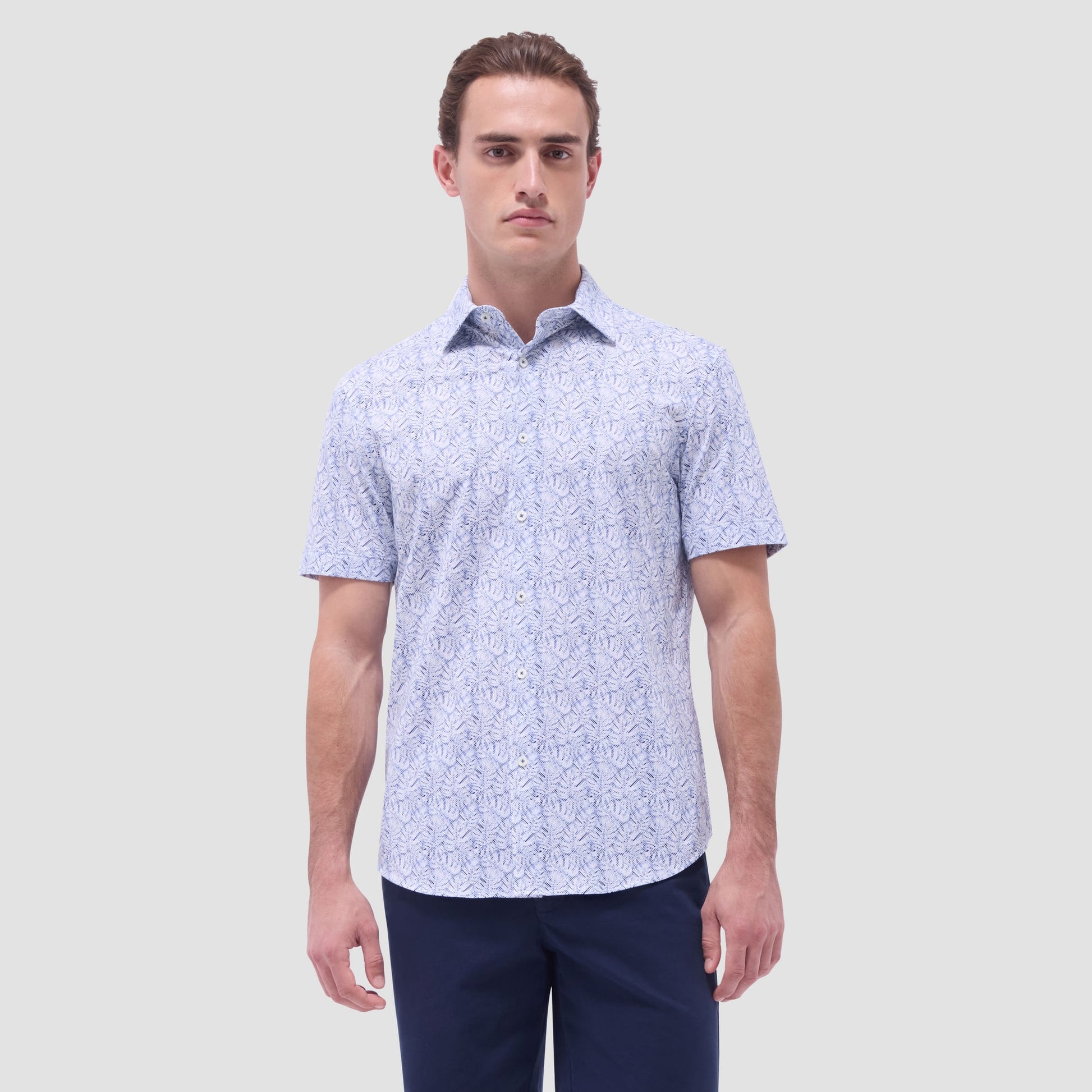 Bugatchi Miles Leaf Print OoohCotton® Short-Sleeve Shirt Navy
