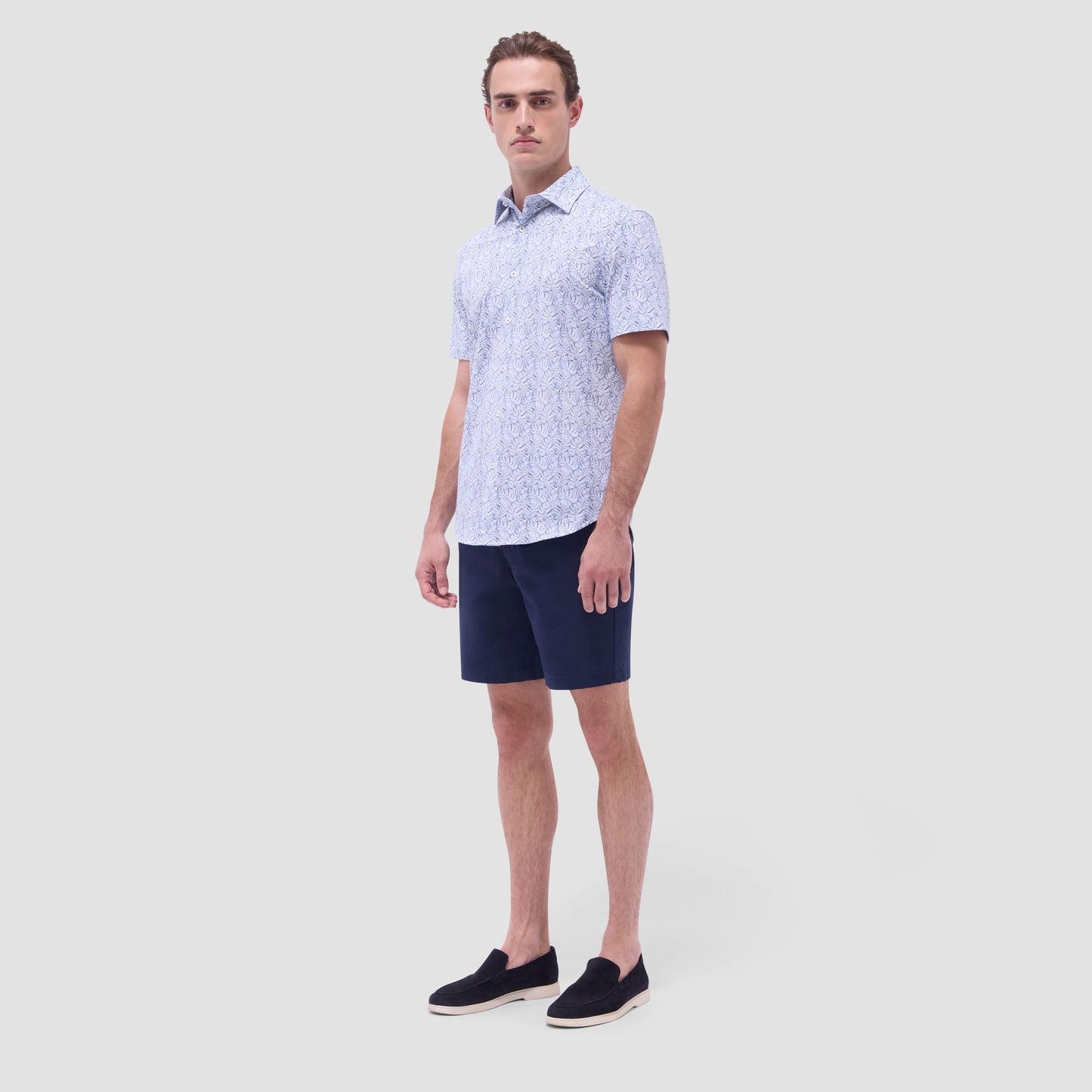 Bugatchi Miles Leaf Print OoohCotton® Short-Sleeve Shirt Navy
