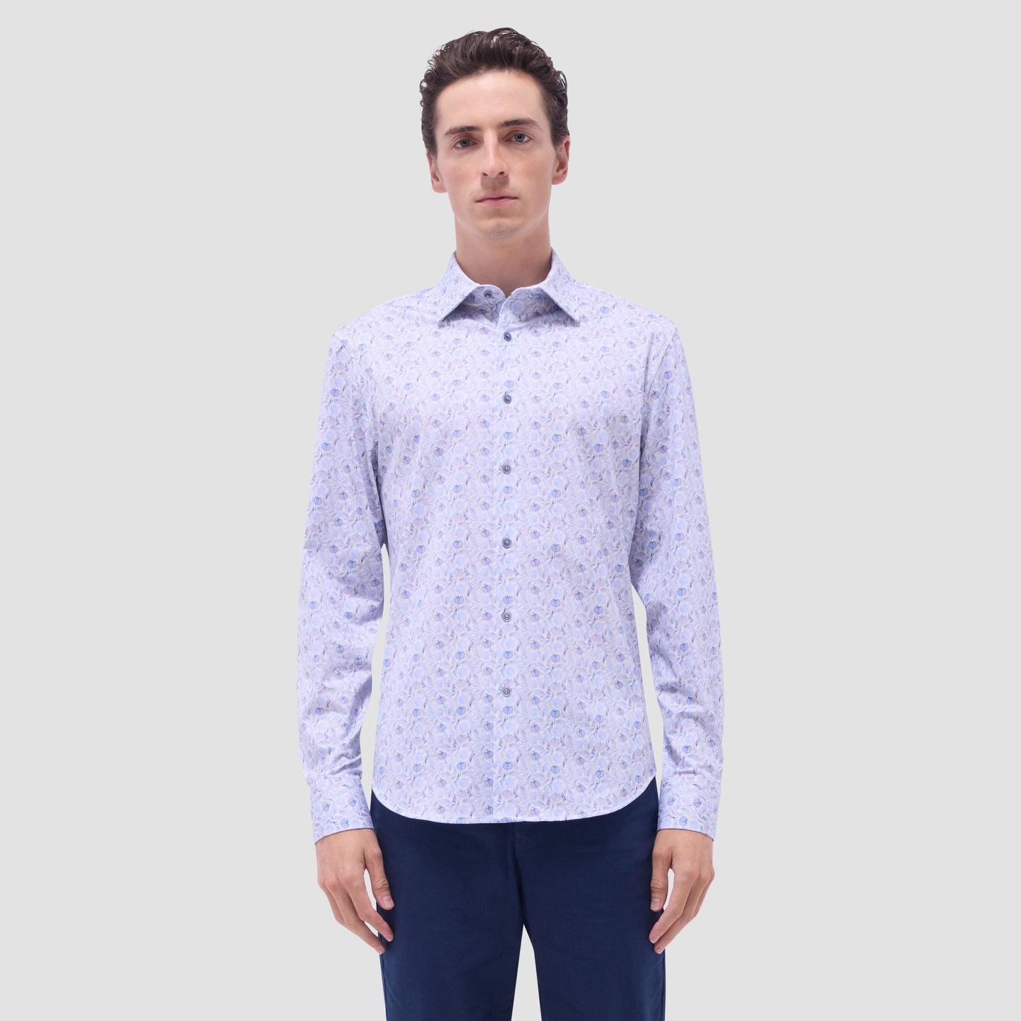 Bugatchi James Leaf Print OoohCotton® Shirt Air Blue