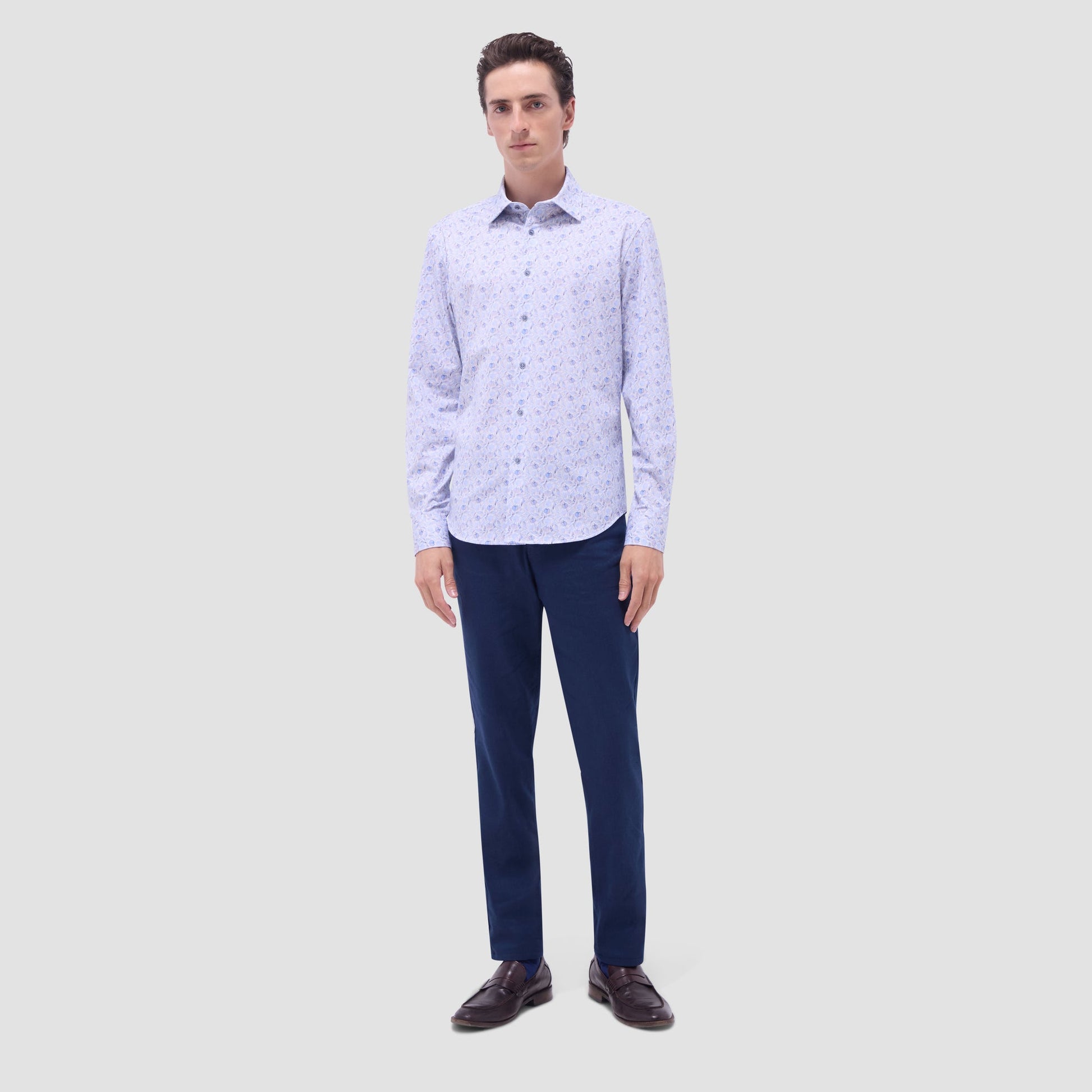 Bugatchi James Leaf Print OoohCotton® Shirt Air Blue