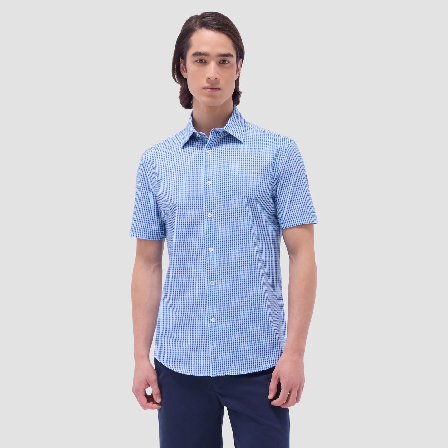 Bugatchi Miles Gingham Check OoohCotton® Short-Sleeve Shirt Classic Blue