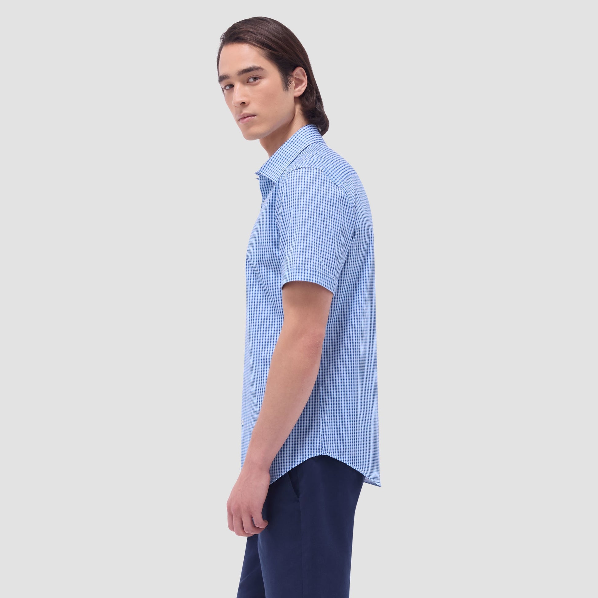Bugatchi Miles Gingham Check OoohCotton® Short-Sleeve Shirt Classic Blue