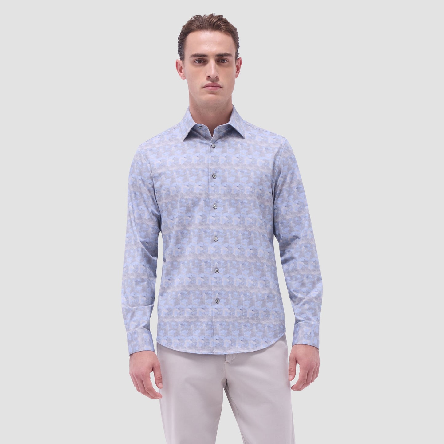 Bugatchi Jimmy Double-Sided Abstract & Check OoohCotton® Shirt Almond