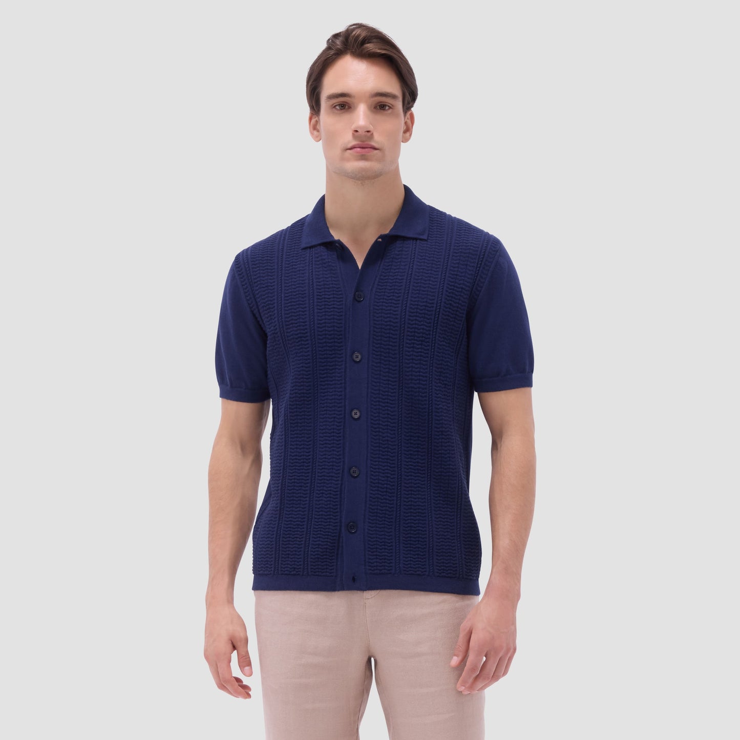 Bugatchi Textured Chevron Short Sleeve Knit Shirt Navy