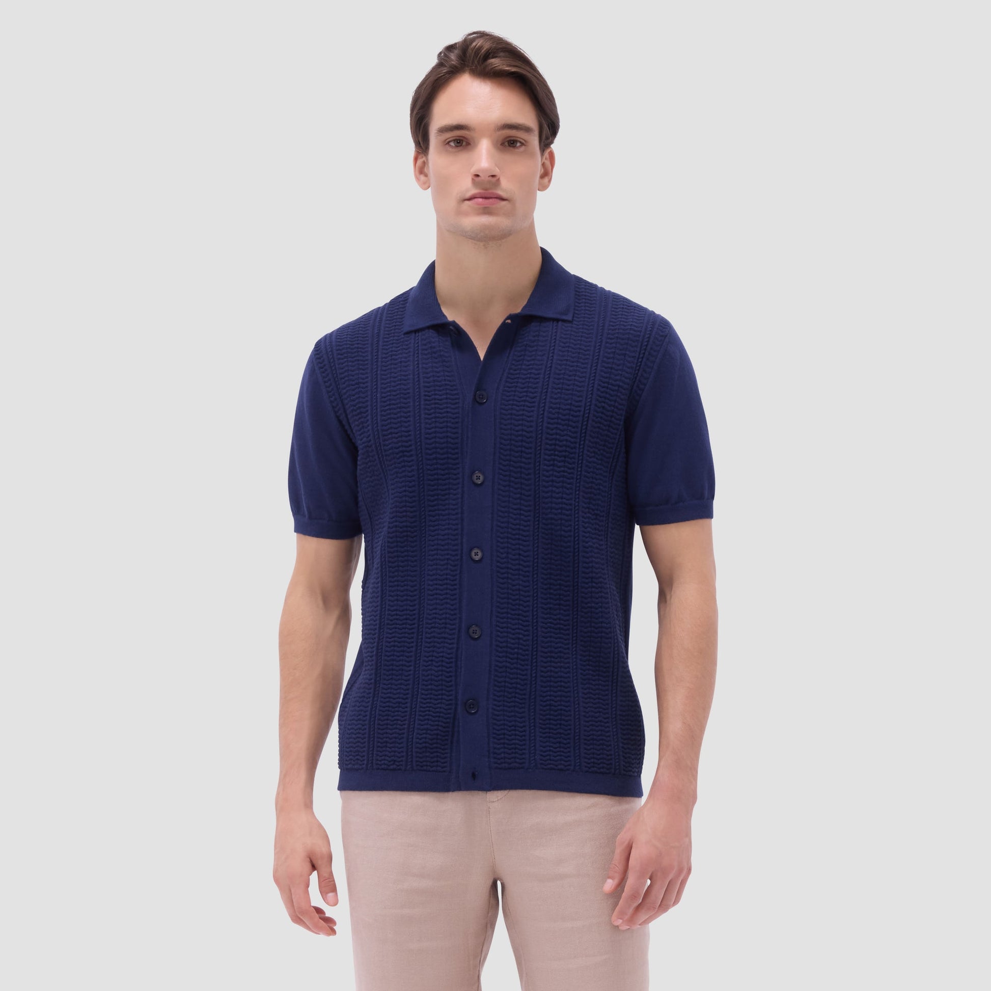 Bugatchi Textured Chevron Short Sleeve Knit Shirt Navy