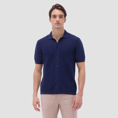 Bugatchi Textured Chevron Short Sleeve Knit Shirt Navy