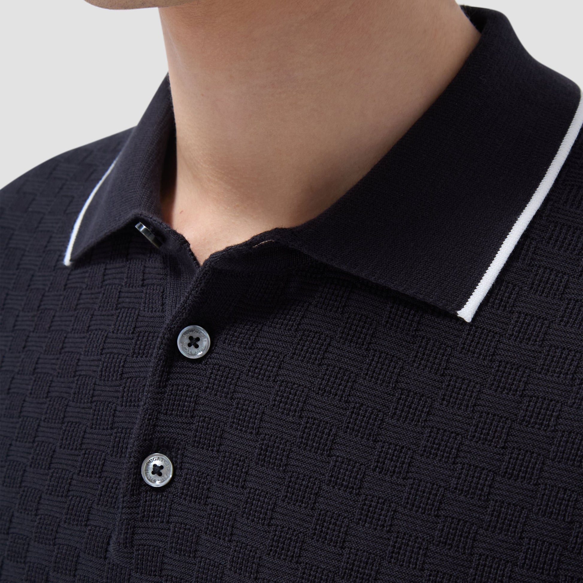 Bugatchi Basket Stitch Three Button Polo Sweater Black