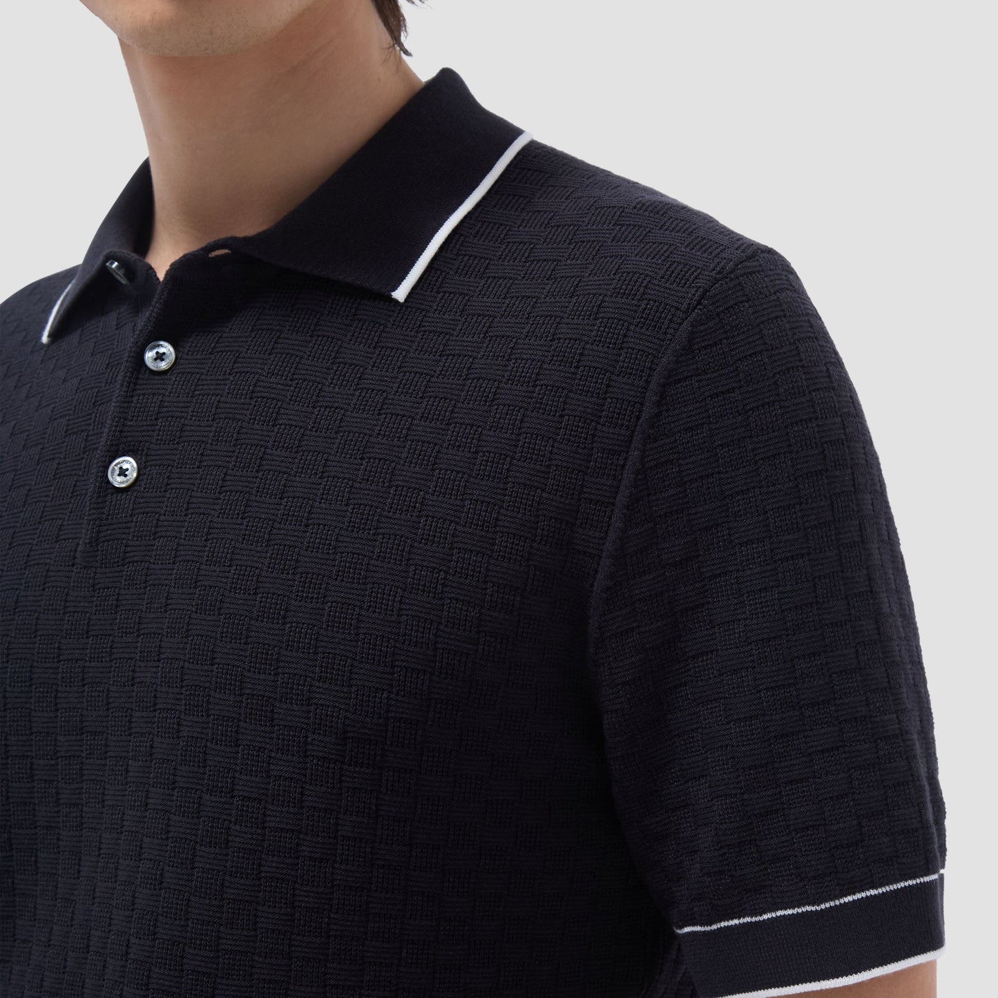 Bugatchi Basket Stitch Three Button Polo Sweater Black