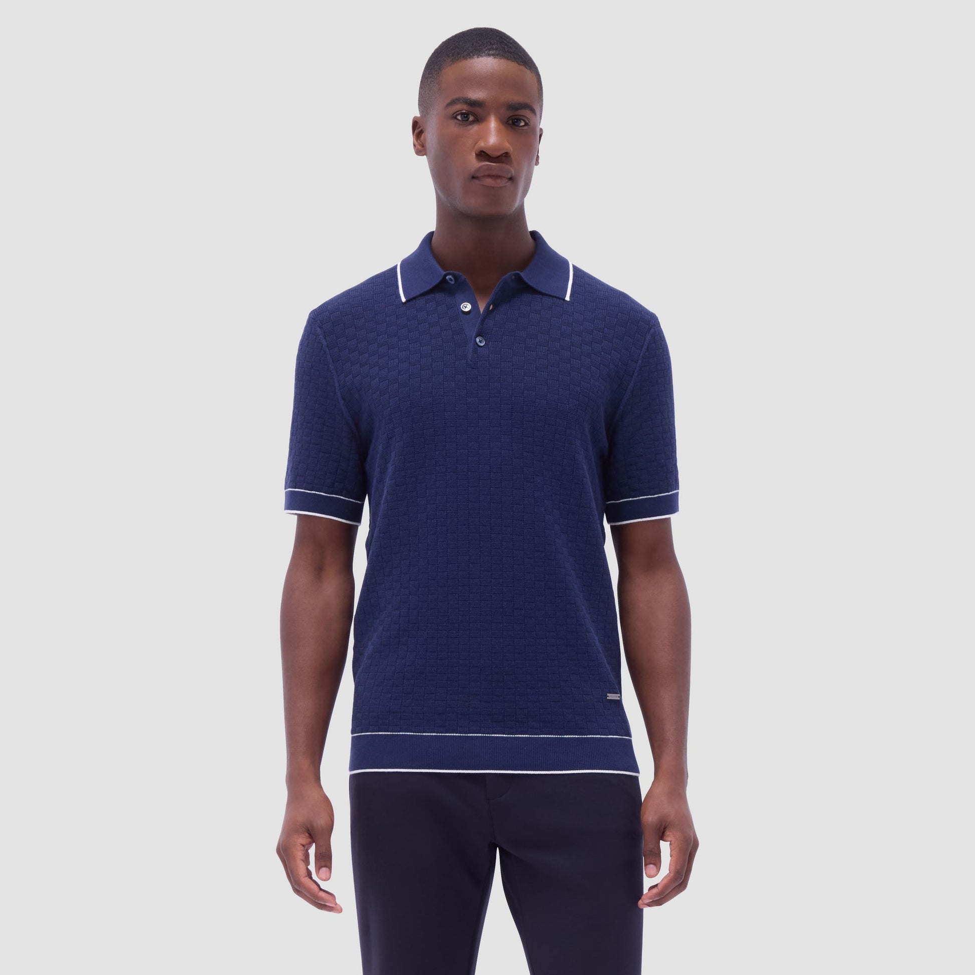 Bugatchi Basket Stitch Three Button Polo Sweater Navy