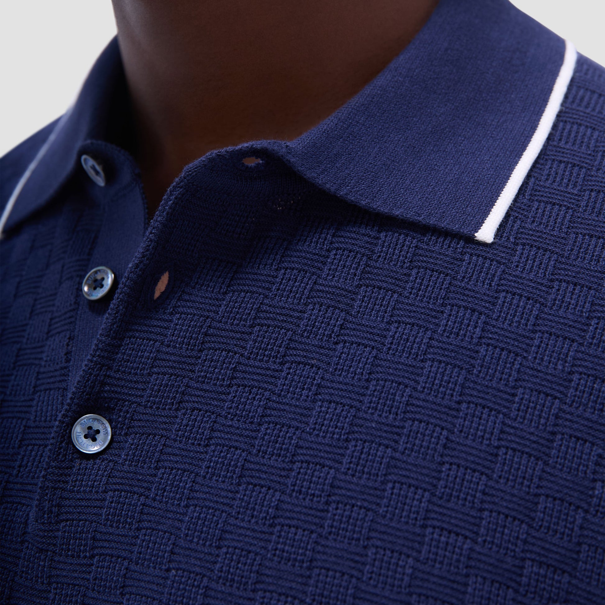 Bugatchi Basket Stitch Three Button Polo Sweater Navy