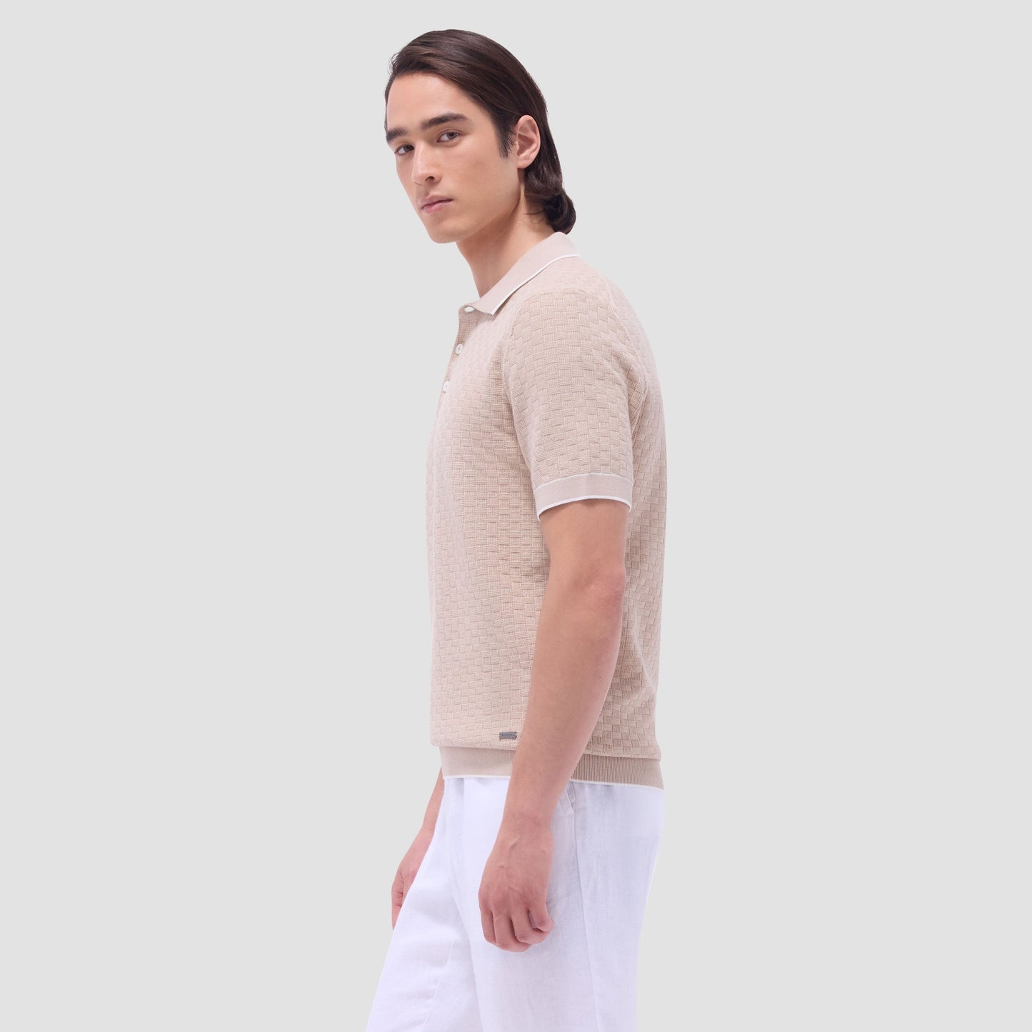 Bugatchi Basket Stitch Three Button Polo Sweater Sand