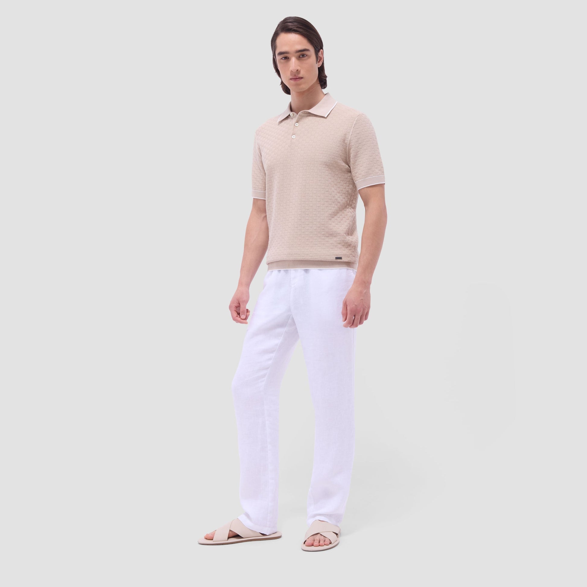 Bugatchi Basket Stitch Three Button Polo Sweater Sand