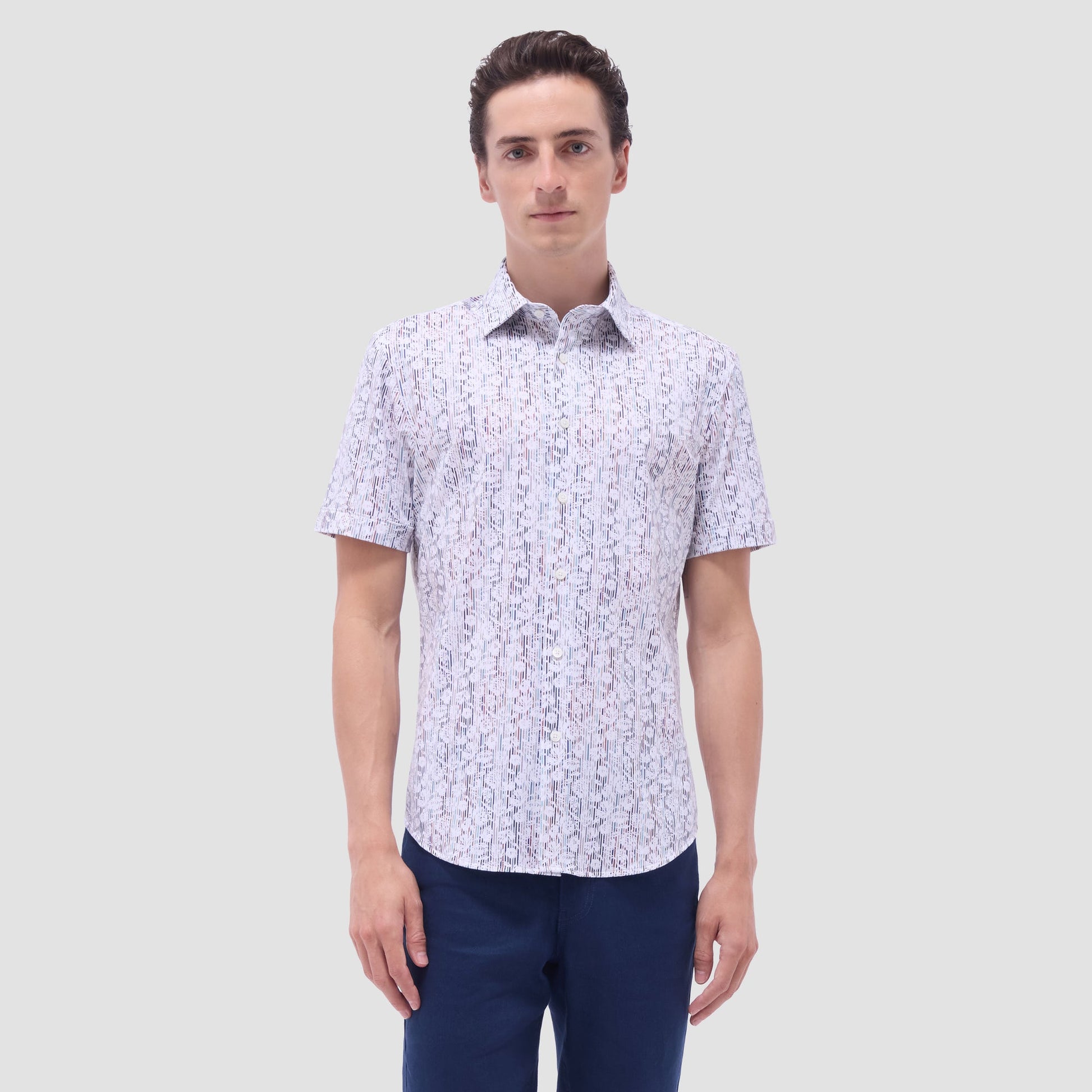 Bugatchi Miles Striped Floral OoohCotton® Short-Sleeve Shirt Cloud Gray