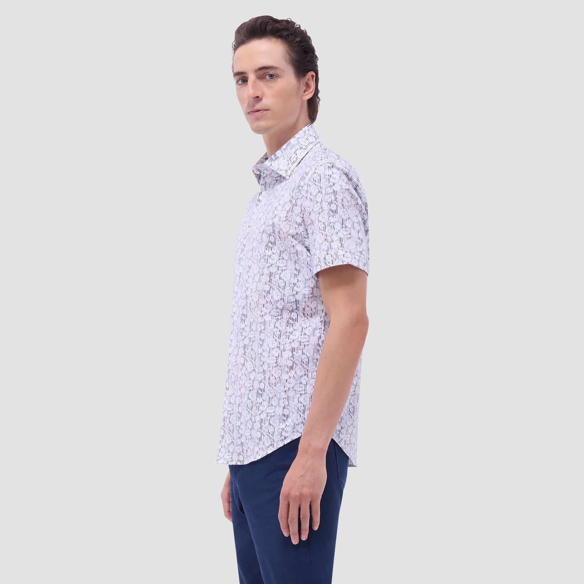 Bugatchi Miles Striped Floral OoohCotton® Short-Sleeve Shirt Cloud Gray