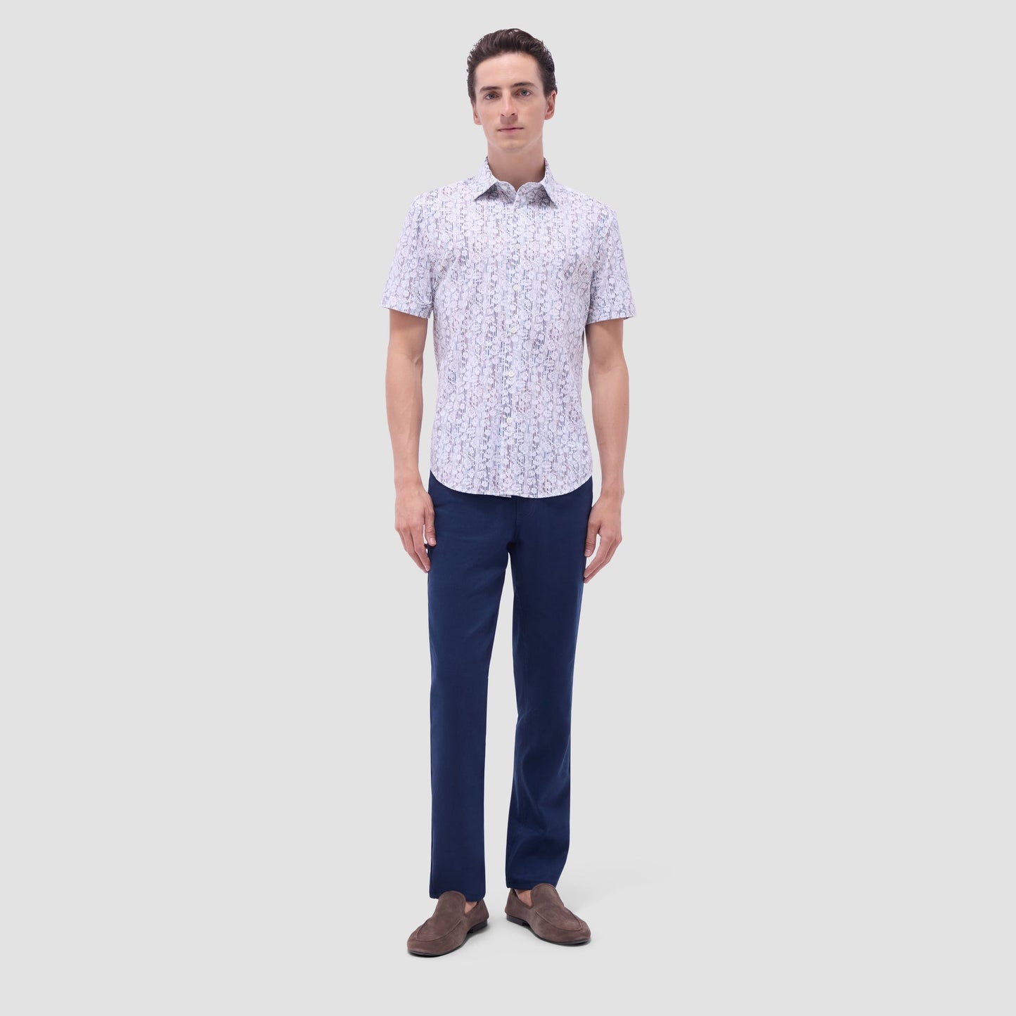 Bugatchi Miles Striped Floral OoohCotton® Short-Sleeve Shirt Cloud Gray