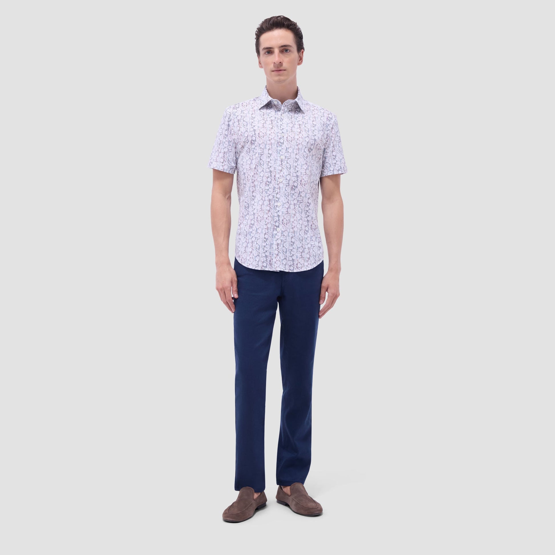 Bugatchi Miles Striped Floral OoohCotton® Short-Sleeve Shirt Cloud Gray